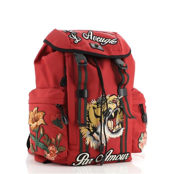 Gucci Red Techpack Embroidered Techno Canvas Backpack