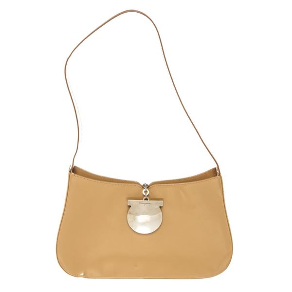 Salvatore Ferragamo Tan Patent Leather Gancini Shoulder Bag