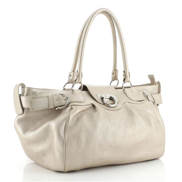 Salvatore Ferragamo Gancio Lock Buckle Leather Tote Leather Large Gold, Neutral