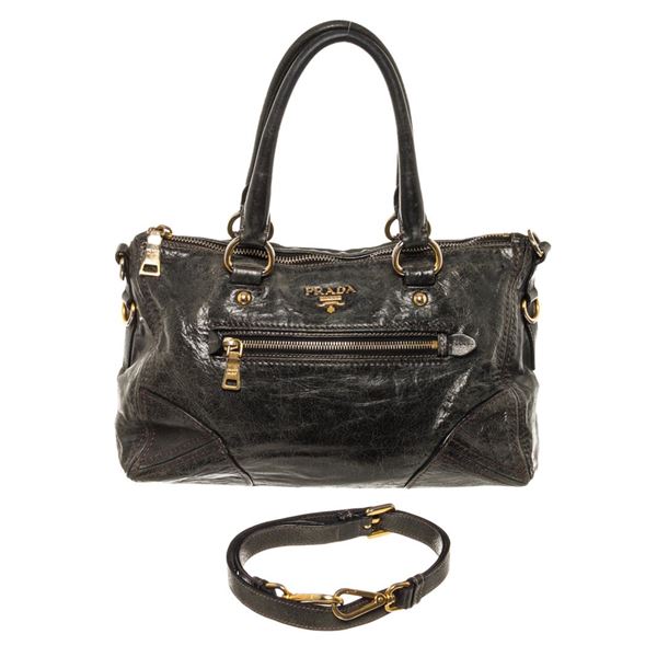 Prada Black Vitello Daino Leather Bauletto 2Way Bag