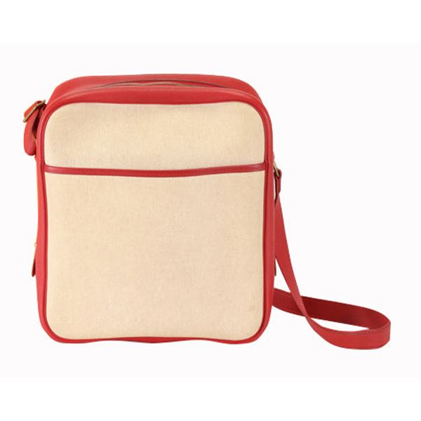 Hermes Rouge Garance Red Leather & Beige Toile Canvas Victoria Messenger Bag