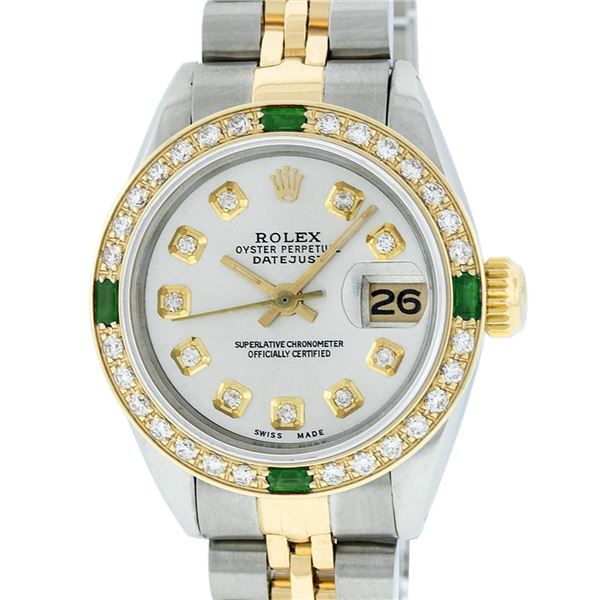 Rolex Ladies 2 Tone Silver Diamond & Emerald 26MM Datejust