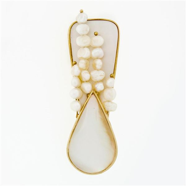 Vintage 14k Yellow Gold Large Mother of Pearl and Freshwater Pearl Brooch Pin