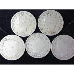 5 Assorted Liberty "V" Nickels