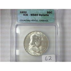 1952 Franklin Half ICG MS60 Details