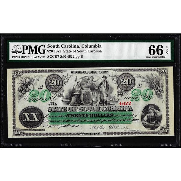 1872 $20 State of South Carolina Obsolete Note PMG Gem Uncirculated 66EPQ