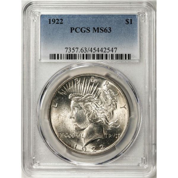 1922 $1 Peace Silver Dollar Coin PCGS MS63
