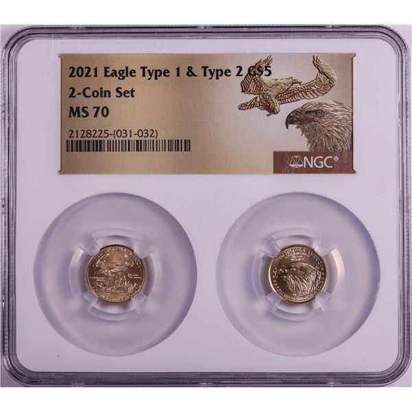 Set of 2021 Type 1 & Type 2 $5 American Gold Eagle Coins NGC MS70