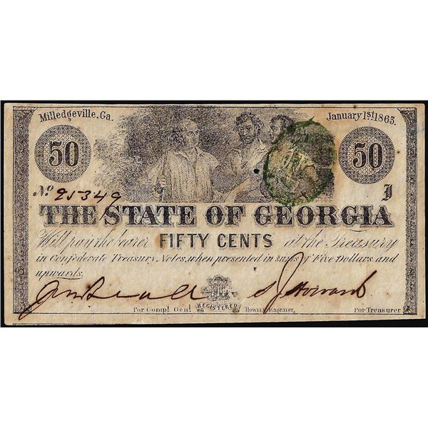 1863 Fifty Cents State of Georgia Milledgeville, GA Obsolete Note