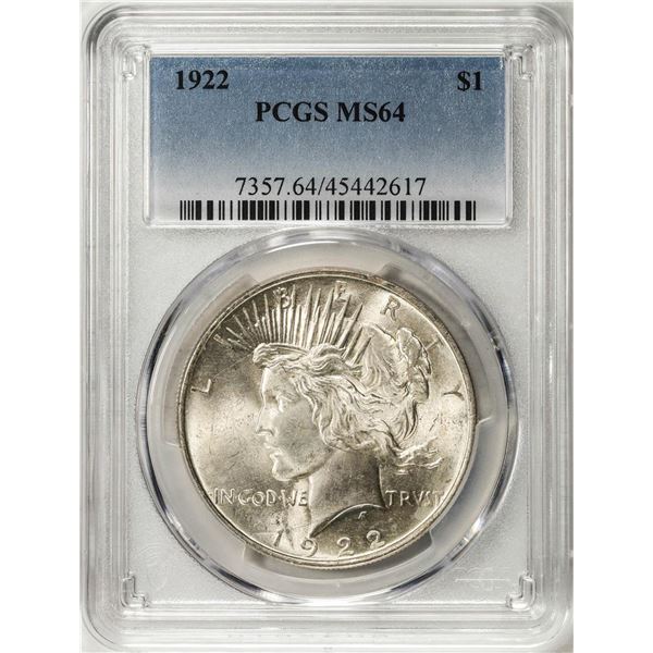 1922 $1 Peace Silver Dollar Coin PCGS MS64