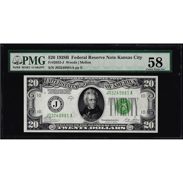 1928B $20 Federal Reserve Note Kansas City Fr.2052-J PMG Choice About Uncirculated 58