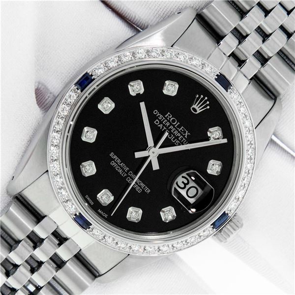 Rolex Men's Stainless Steel Diamond and Sapphire Datejust Wristwatch with Rolex Box