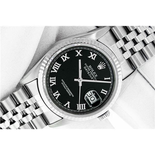 Rolex Men's Stainless Steel Black Roman Datejust Watch With Rolex Box