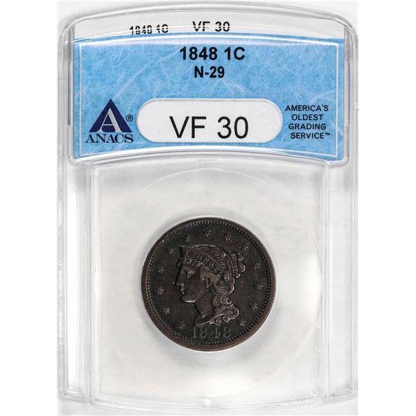 1848 N-29 Coronet Head Large Cent Coin ANACS VF30