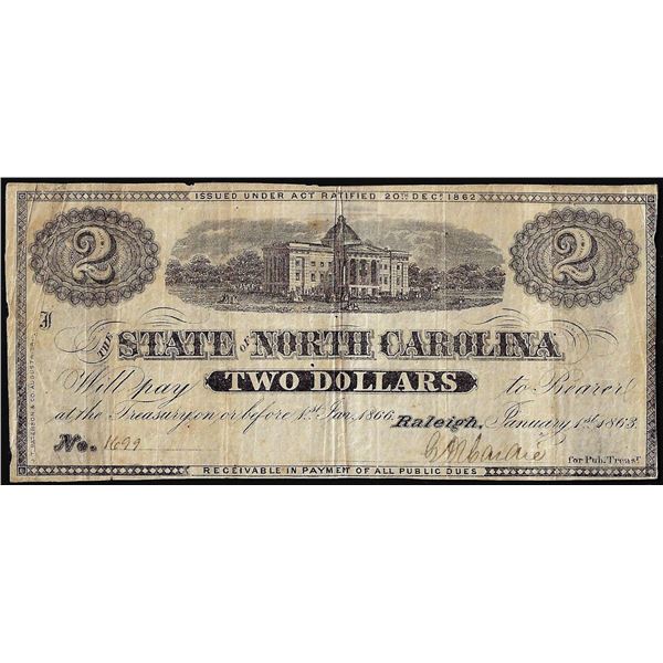 1863 $2 State of North Carolina Obsolete Note