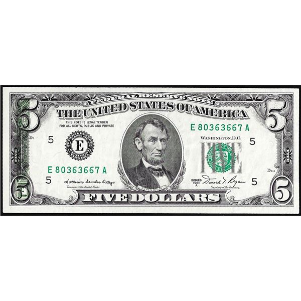 1981A $5 Federal Reserve Note Partial Offset Error