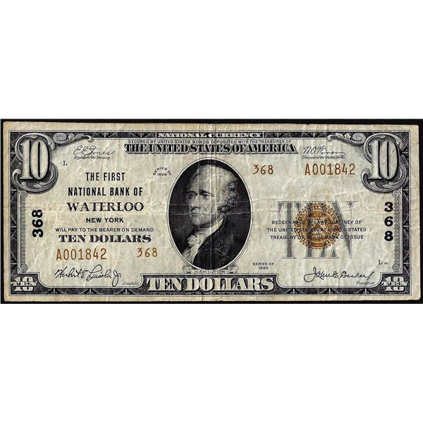 1929 $10 The First National Bank of Waterloo, NY CH# 368 National Currency Note