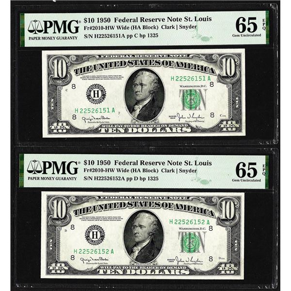 Lot of (2) Consecutive 1950 $10 Federal Reserve Notes STL PMG Gem Uncirculated 65EPQ