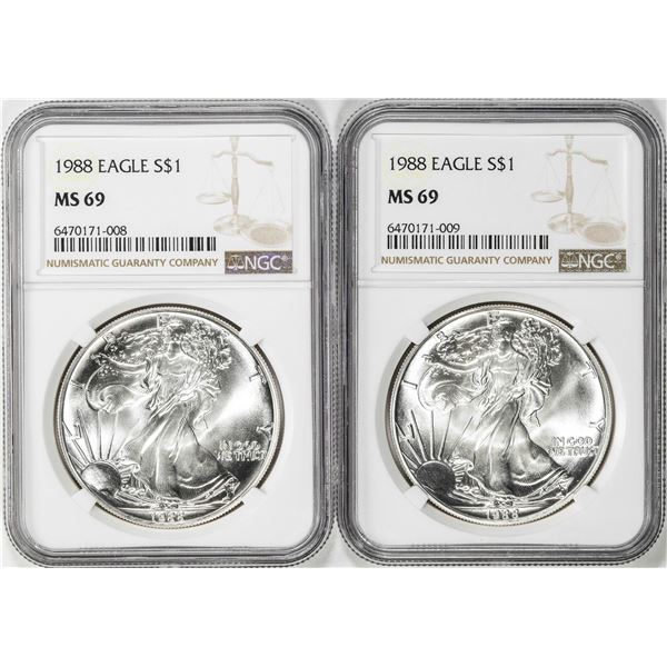 Lot of (2) 1988 $1 American Silver Eagle Coin NGC MS69