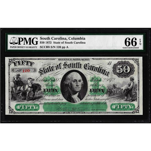 1872 $50 State of South Carolina Obsolete Note PMG Gem Uncirculated 66EPQ