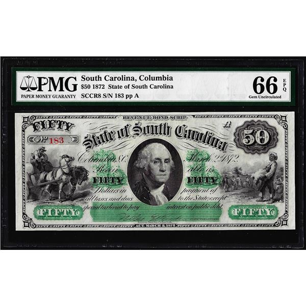 1872 $50 State of South Carolina Obsolete Note PMG Gem Uncirculated 66EPQ
