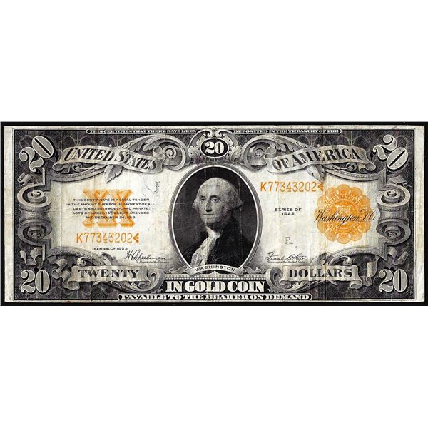 1922 $20 Gold Certificate Note
