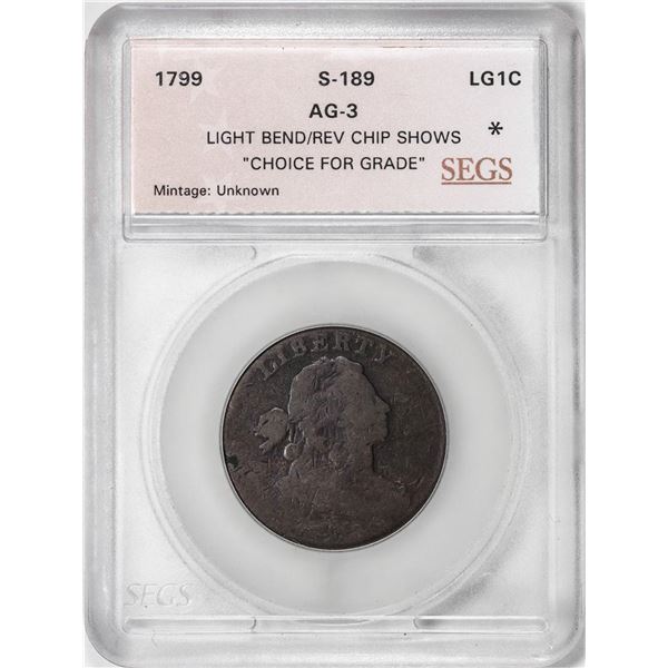 1799 S-189 Draped Bust Large Cent Coin SEGS AG-3