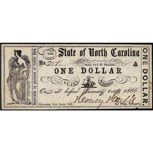 1861 $1 State of North Carolina Raleigh Obsolete Note