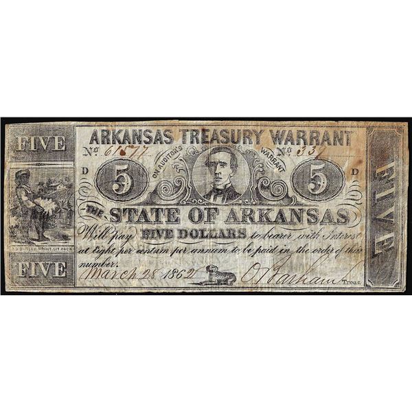 1862 $5 State of Arkansas Treasury Warrant Obsolete Note