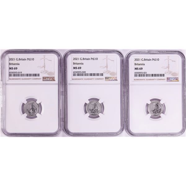 Lot of (3) 2021 Great Britain 10 Pounds Britannia 1/10oz Platinum Coins NGC MS69