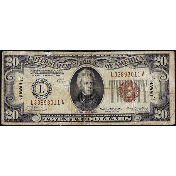 1934 $20 Hawaii WWII Emergency Issue Federal Reserve Note