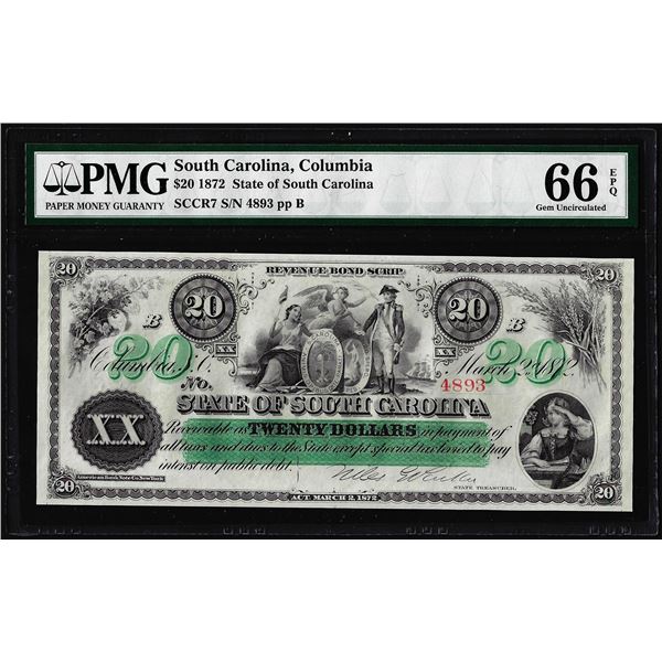 1872 $20 State of South Carolina Obsolete Note PMG Gem Uncirculated 66EPQ