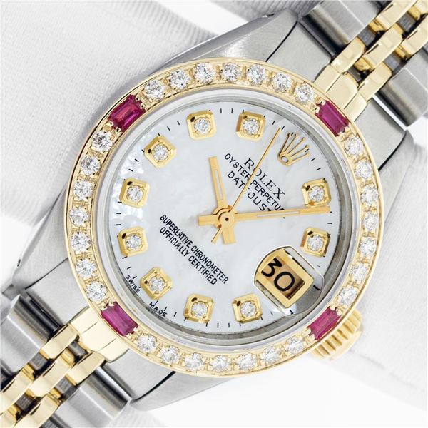 Rolex Ladies Two Tone Mother of Pearl Diamond & Ruby Datejust Wristwatch