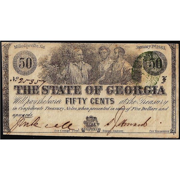 1863 Fifty Cents State of Georgia Milledgeville, GA Obsolete Note