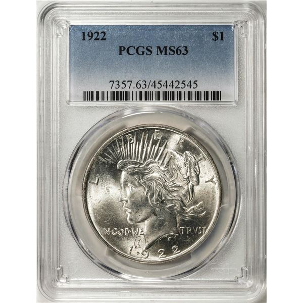1922 $1 Peace Silver Dollar Coin PCGS MS63