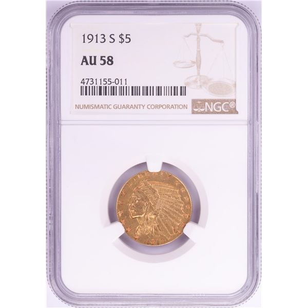 1913-S $5 Indian Head Half Eagle Gold Coin NGC AU58