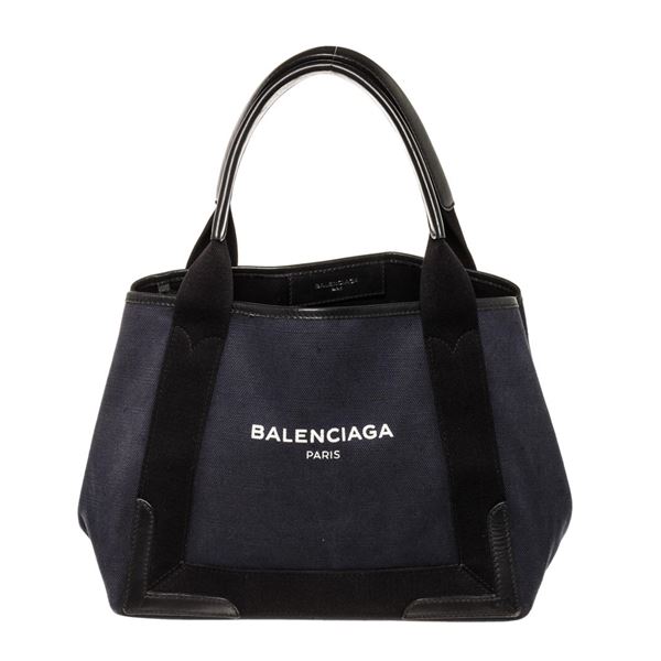 Balenciaga Navy Blue Canvas Leather Navy Cabas Small Tote Bag