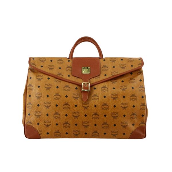 MCM Cognac Monogram Visetos Canvas Leather Satchel Bag