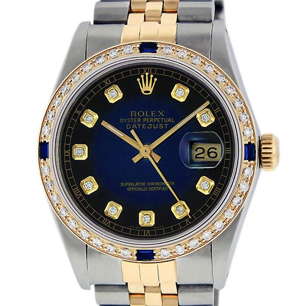 Rolex Mens 2 Tone Blue Vignette Diamond & Sapphire 36MM Datejust