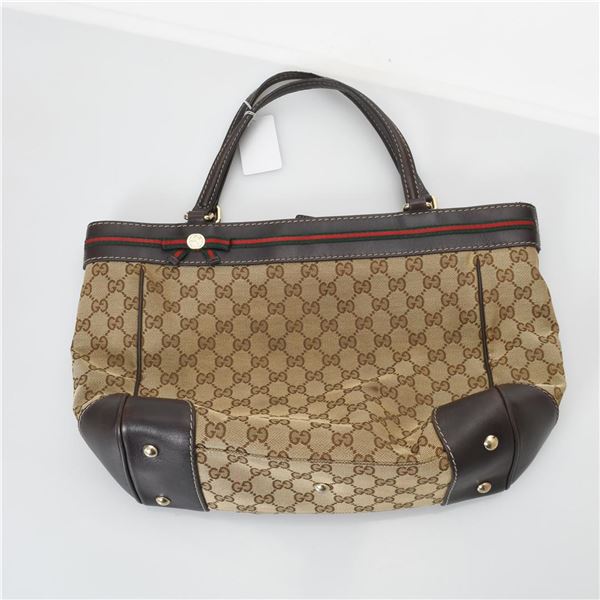 Gucci Beige Brown GG Monogram Canvas Web Trim Mayfair Tote Bag