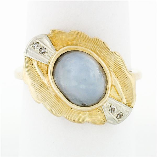 Vintage 14K Gold 6.85 ctw Oval Cabochon Gray Star Sapphire & Diamond Cocktail Ri