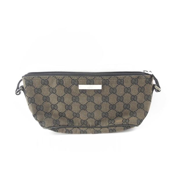 Gucci Brown Black GG Canvas Leather Boat Baguette Bag