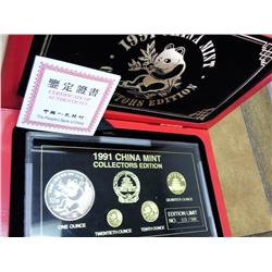 1991 China 4 Pcs Panda Set W/Silver 10 Yuan Coin