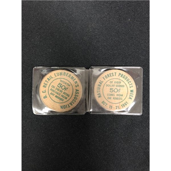 2 X 50 CENTS WOODEN TOKENS