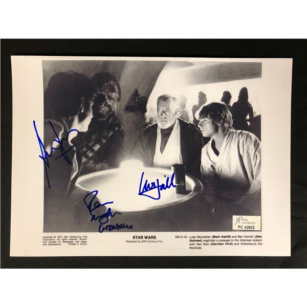 MARK HAMILL, HARRISON FORD AND ALEC GUINESS MULTI-SIGNED 8X10 PHOTO (RA COA)