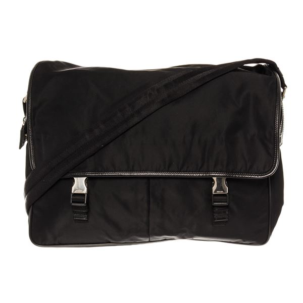 Prada Black Tessuto Nylon Saffiano Logo Messenger Bag