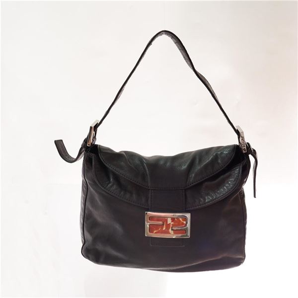 Fendi Black Calfskin Leather Baguette Medium Shoulder Bag