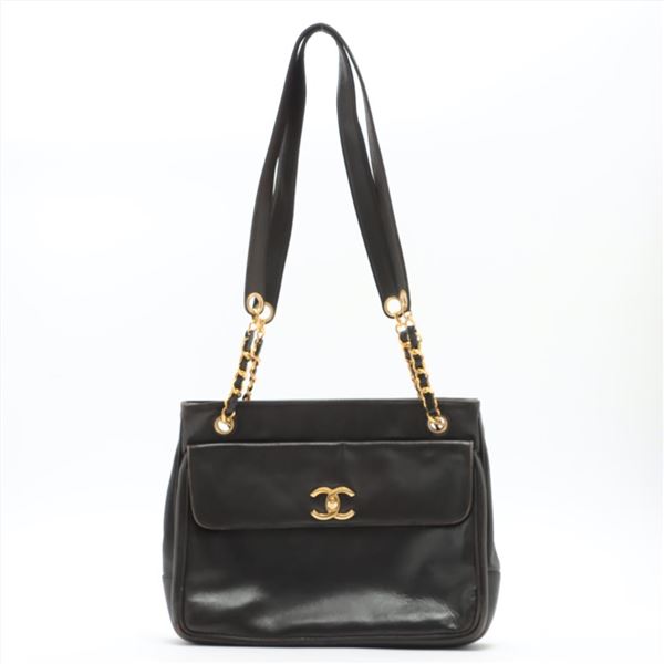 Chanel Vintage Black Lambskin Leather CC Turn-lock Front Pocket Tote Bag