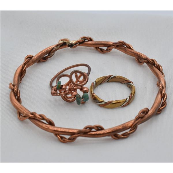 Copper Bangle Bracelet with 2 Copper Rings