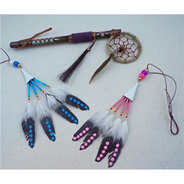 Navajo Dreamcatcher and 2 Miniature Feather Fans